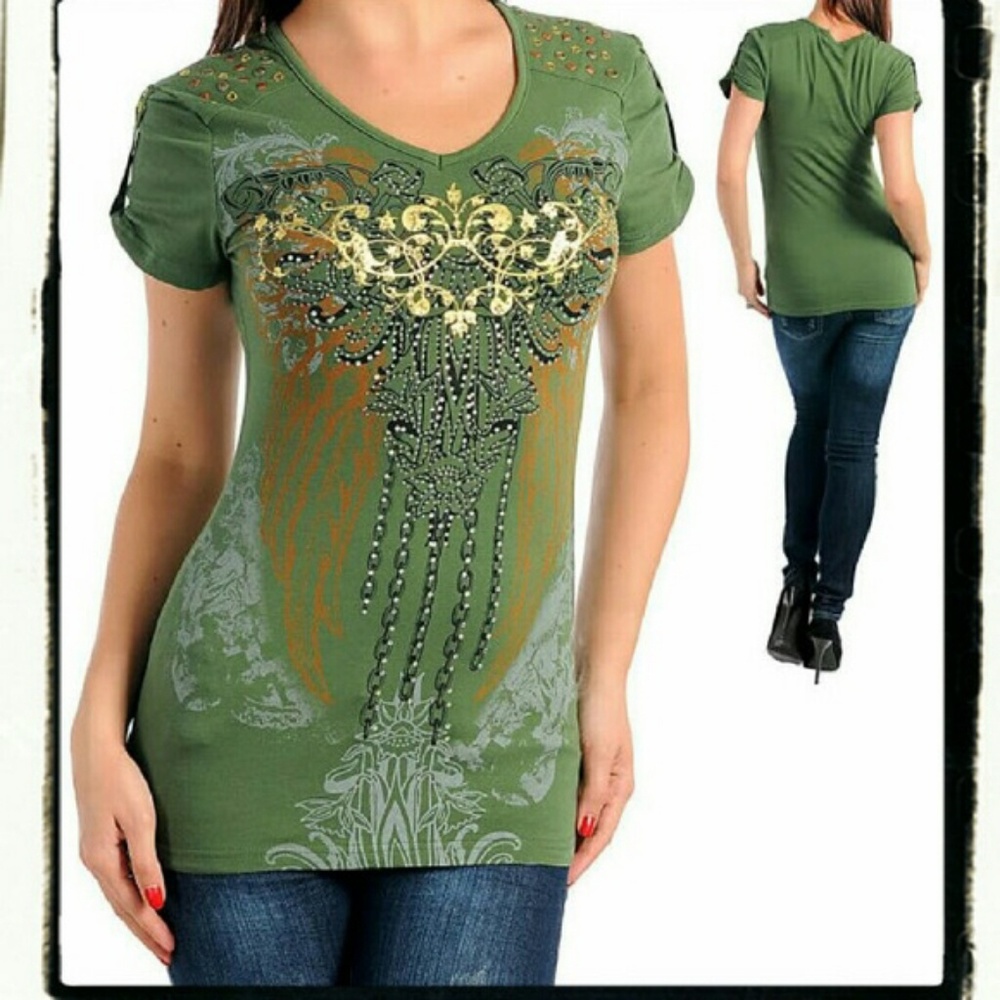 • {Bus Stop} Army Green Graphic Top